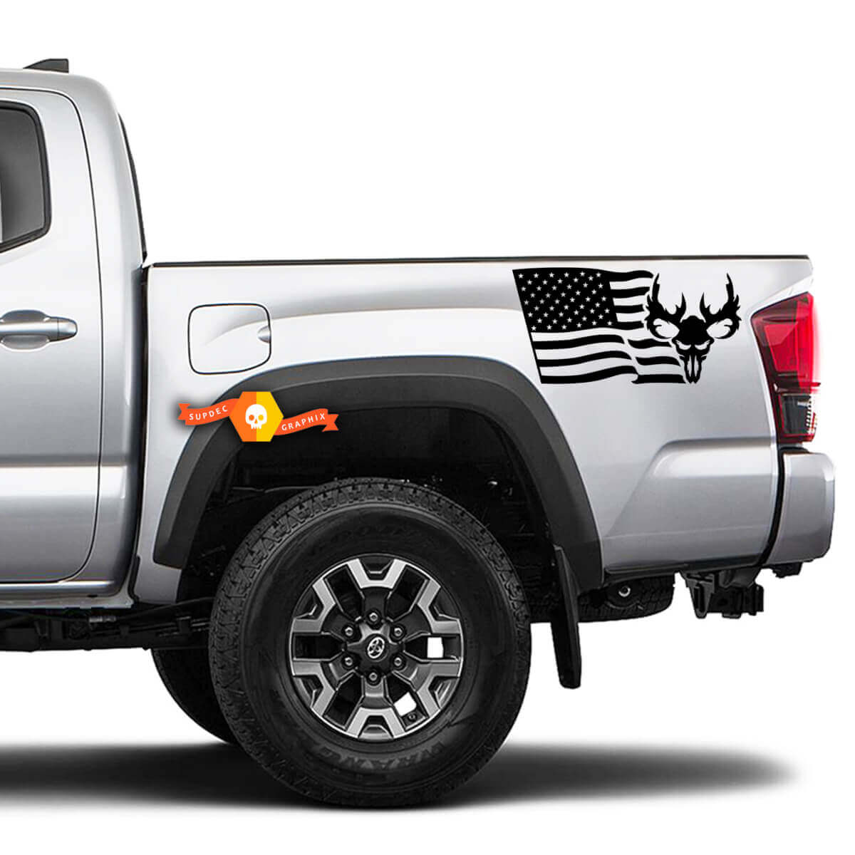 2 lados bandera de EE. UU. calavera cuerno caza 4x4 Toyota Racing Tacoma calcomanía vinilo pegatina
