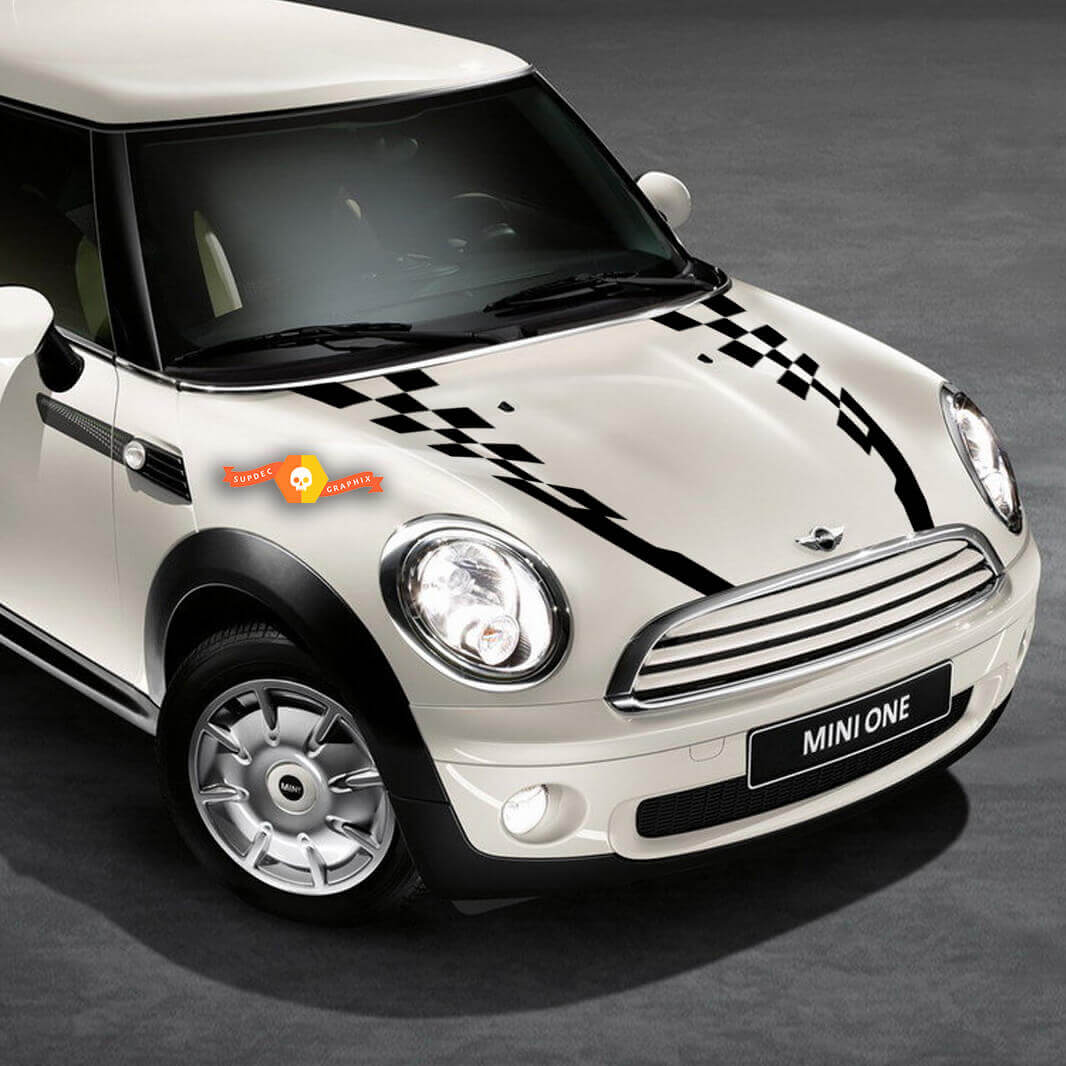 Calcomanías de vinilo de rayas a cuadros de carreras para capó Mini Cooper 2007-2021