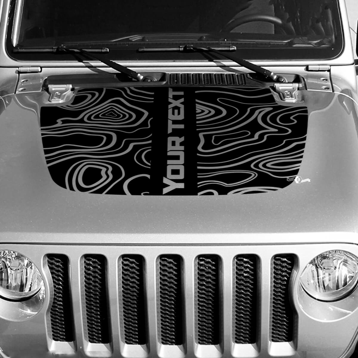 Calcomanía de Vinilo para Capó con Mapa Topográfico en Negro Texto Central Personalizado para Jeep Wrangler