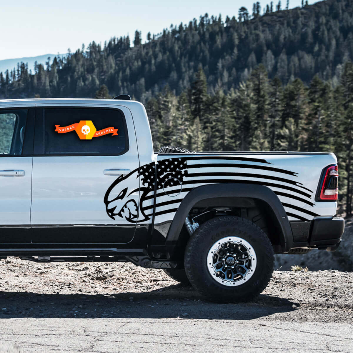 Adhesivo vinilo lateral estilo Hellcat con bandera de EE. UU. para Dodge Ram 1500