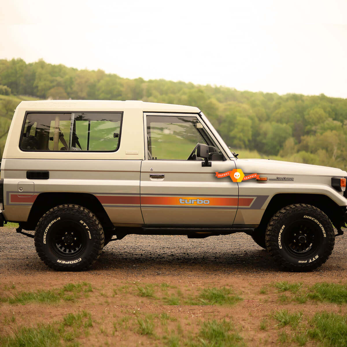 1989 Toyota Land Cruiser Calcomanías de rayas laterales retro vintage para panel de roca
