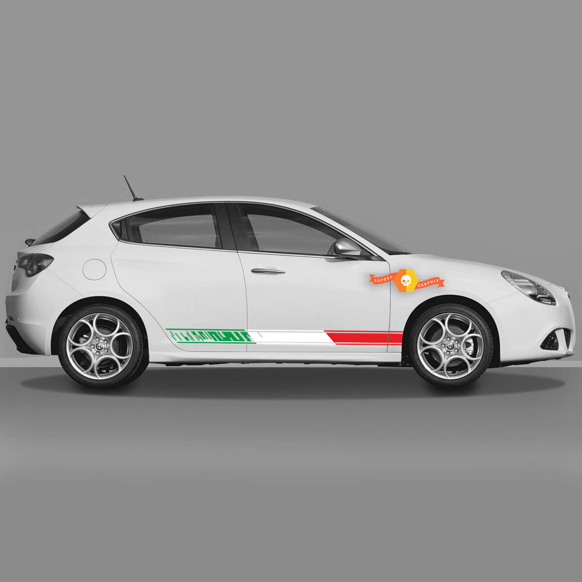 La calcomanía del cuerpo de las puertas 2x se adapta a los gráficos de vinilo de Alfa Romeo Giulietta, bandera italiana, día brillante