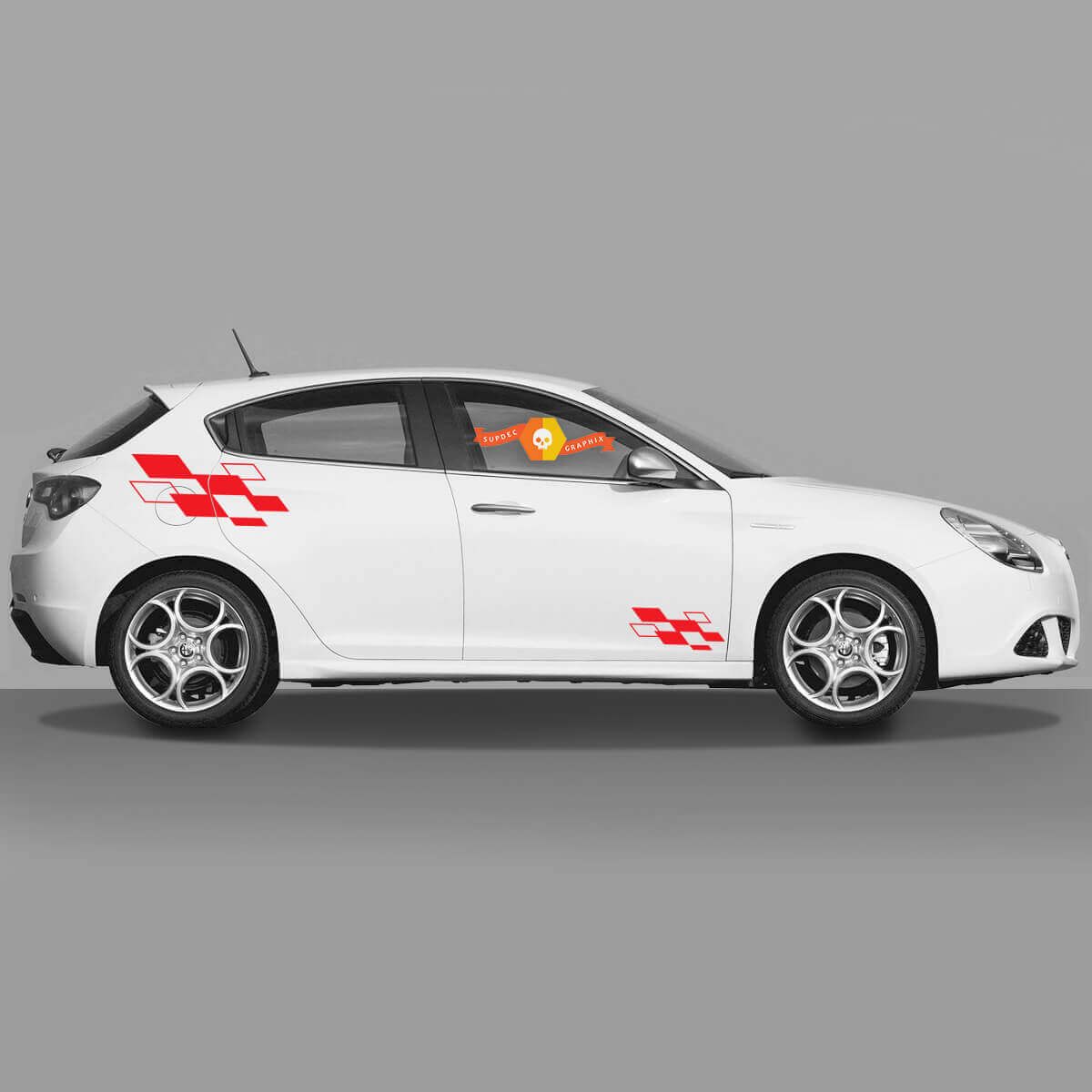 Par de calcomanías de vinilo con diseño de bandera a cuadros Alfa Romeo con diamantes rojos en los bordes 2022
