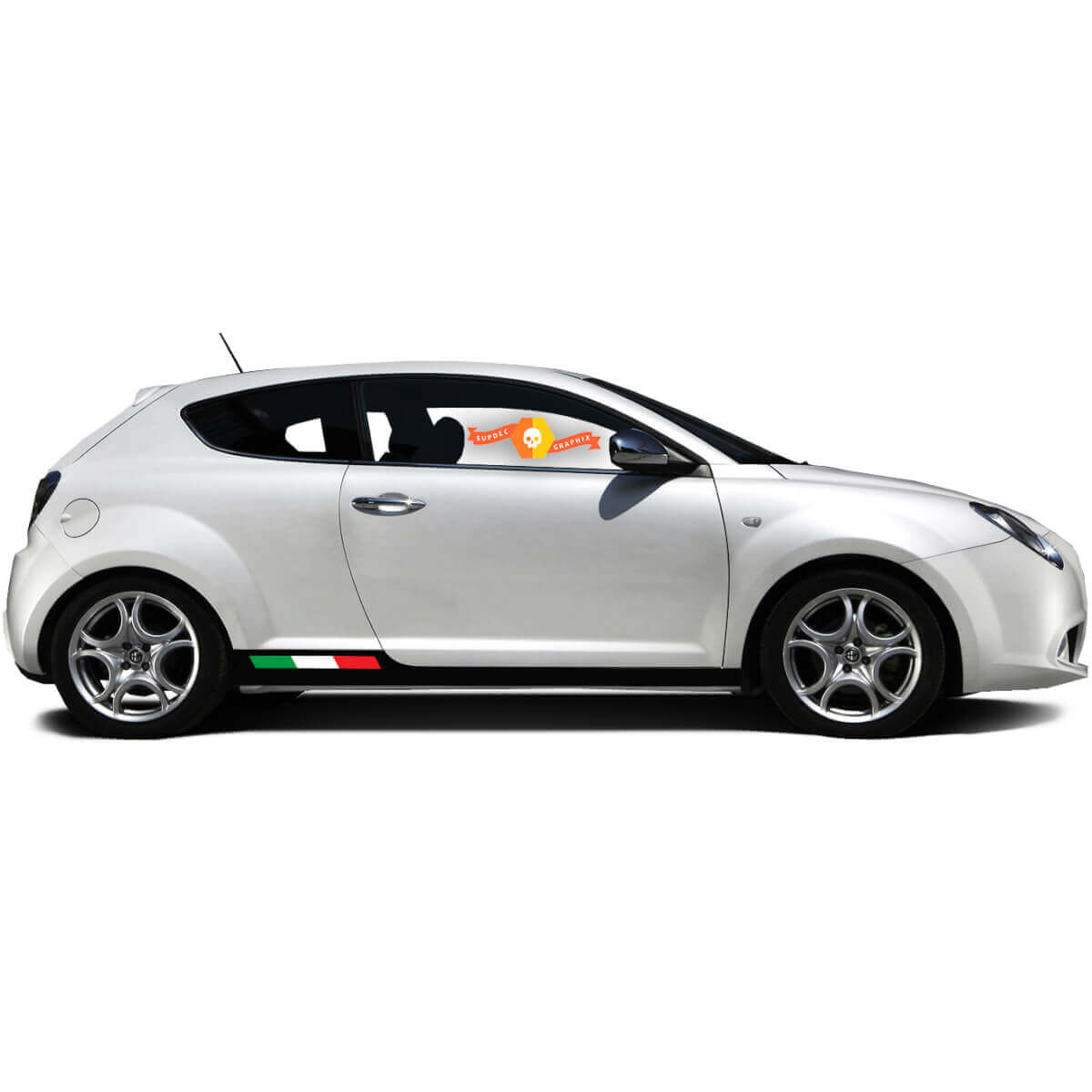 Par de calcomanías de vinilo adhesivas laterales para panel de carrocería Alfa Romeo MITO con bandera de Italia a la izquierda aplanada 2022
