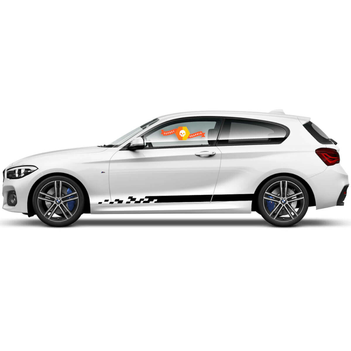 Par de calcomanías de vinilo gráfico para paneles laterales para BMW Serie 1 2015 con diseño de rayas negras.
