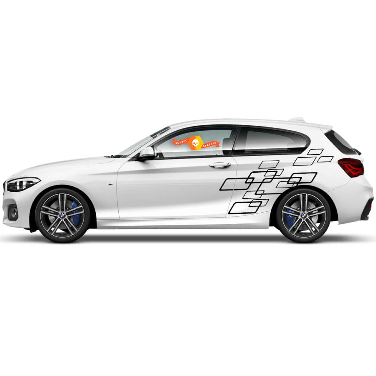Par de calcomanías de vinilo con gráficos adhesivos para el lateral de BMW Serie 1 2015 estilo cuadrados
