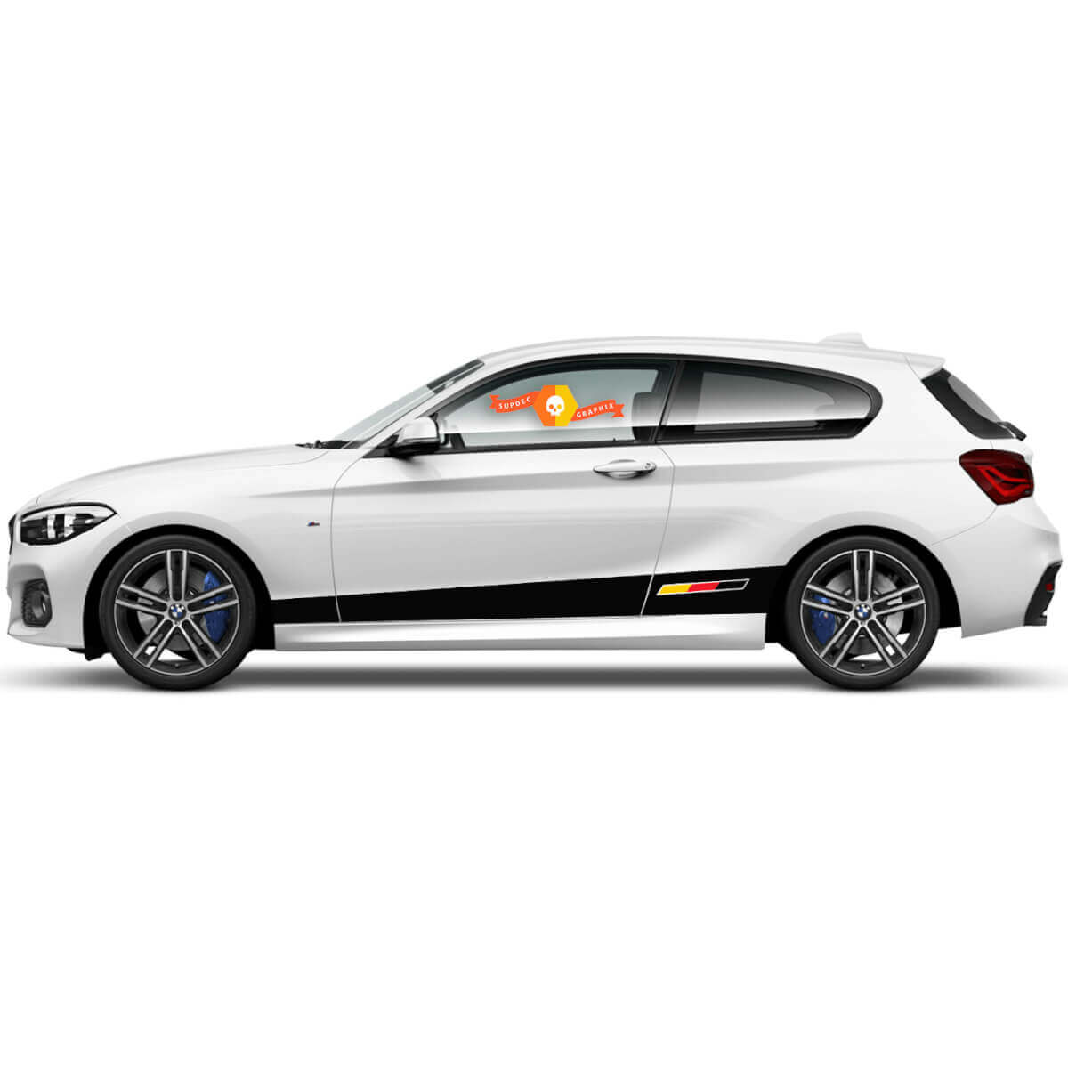 Par de calcomanías de vinilo gráfico adhesivos laterales para BMW Serie 1 2015 en la paleta del panel lateral.
