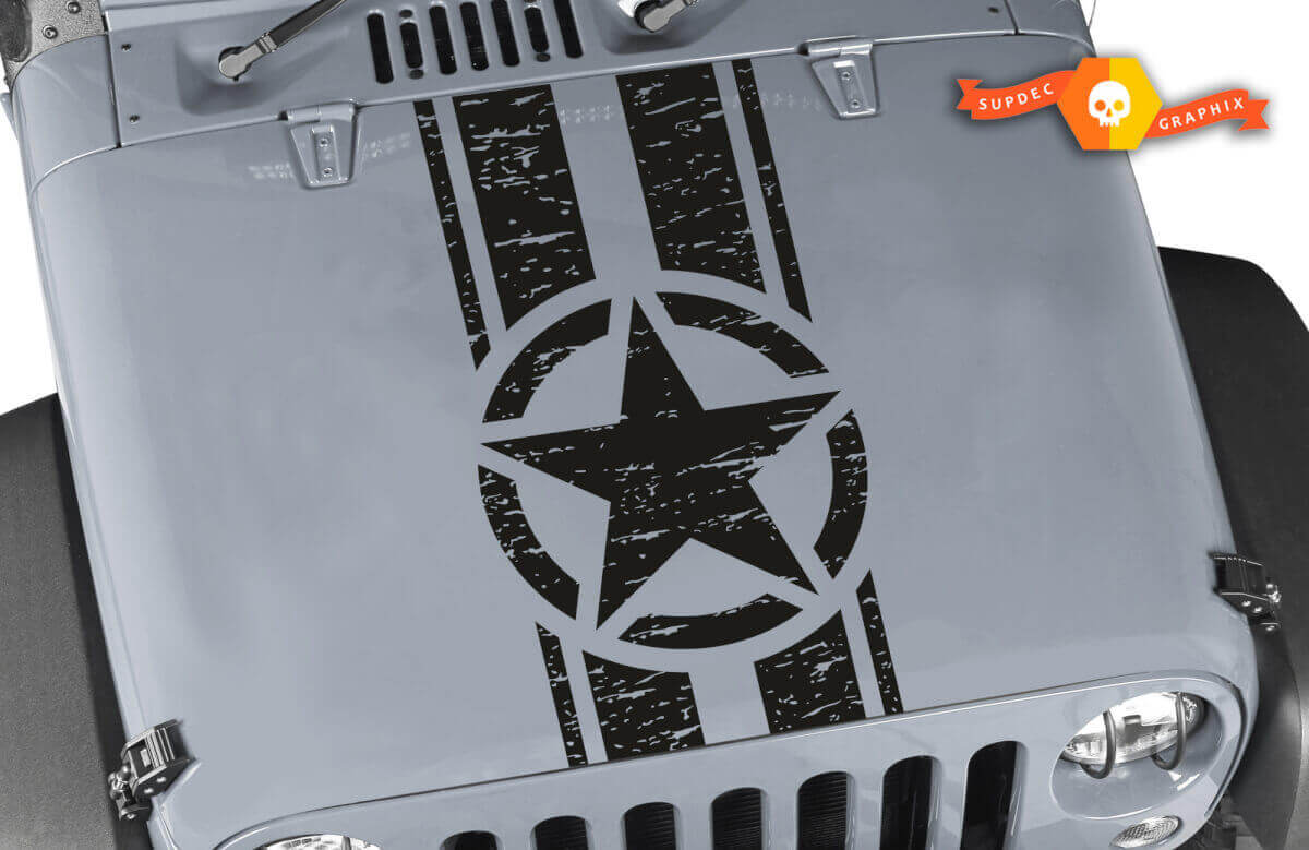 Vinilo adhesivo de franjas con estrella militar desgastada para capó de Jeep Wrangler