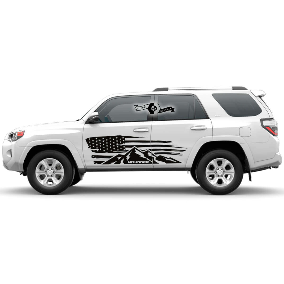 Pegatina de vinilo con diseño de bandera de EE. UU. envejecida y montañas para la puerta lateral de Toyota 4Runner