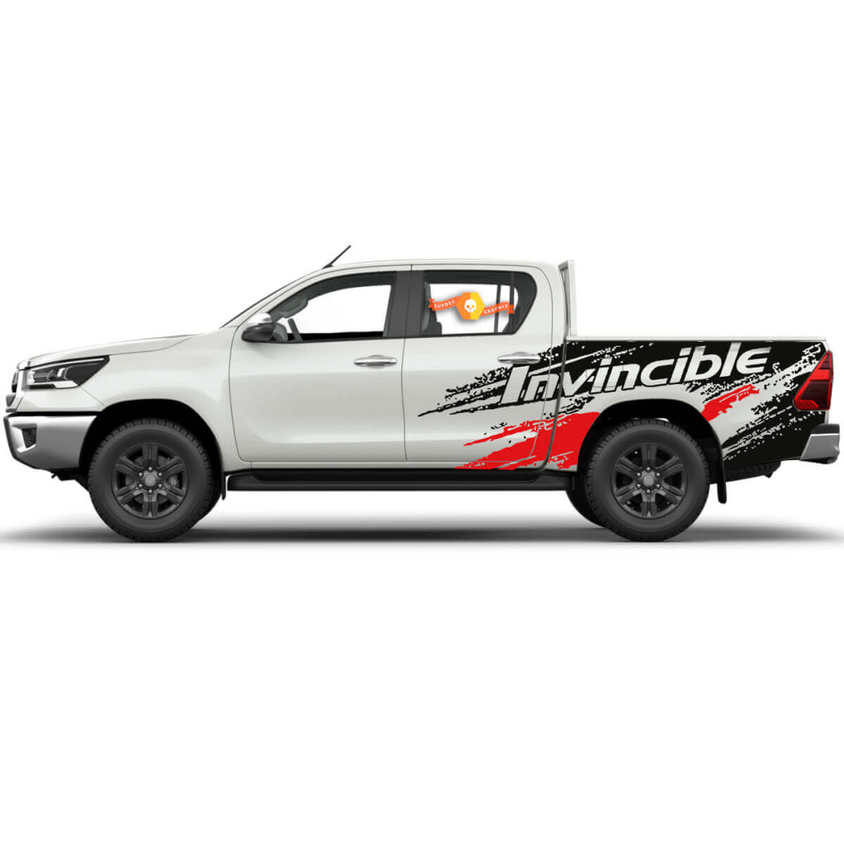 Par de calcomanías de vinilo para la cama lateral desgastadas del Toyota Hilux 2022 Rally Invincible.
