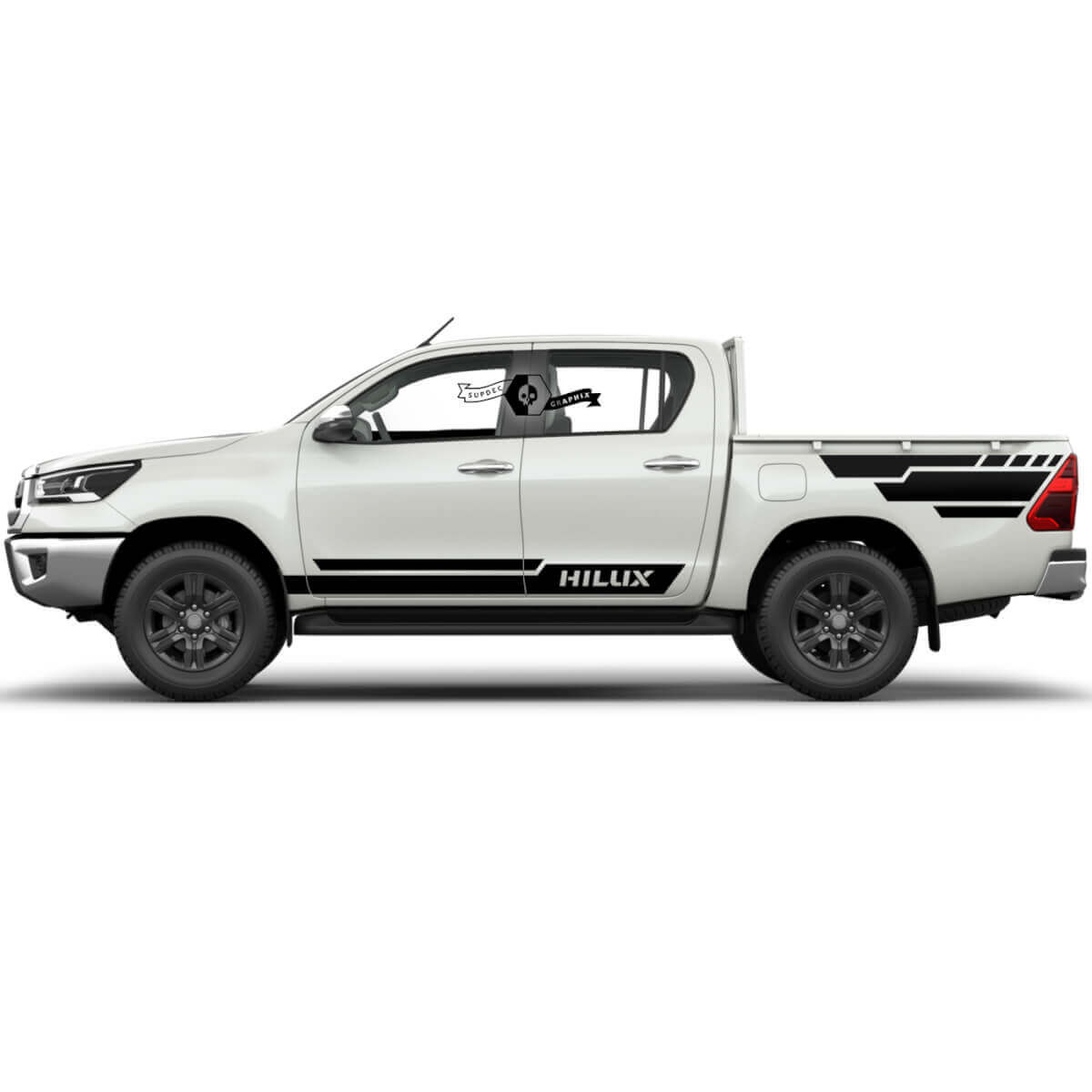 Par de calcomanías de vinilo WRAP modernas para puertas de rally y salpicaderas laterales de la cama de Toyota Hilux 2022.
