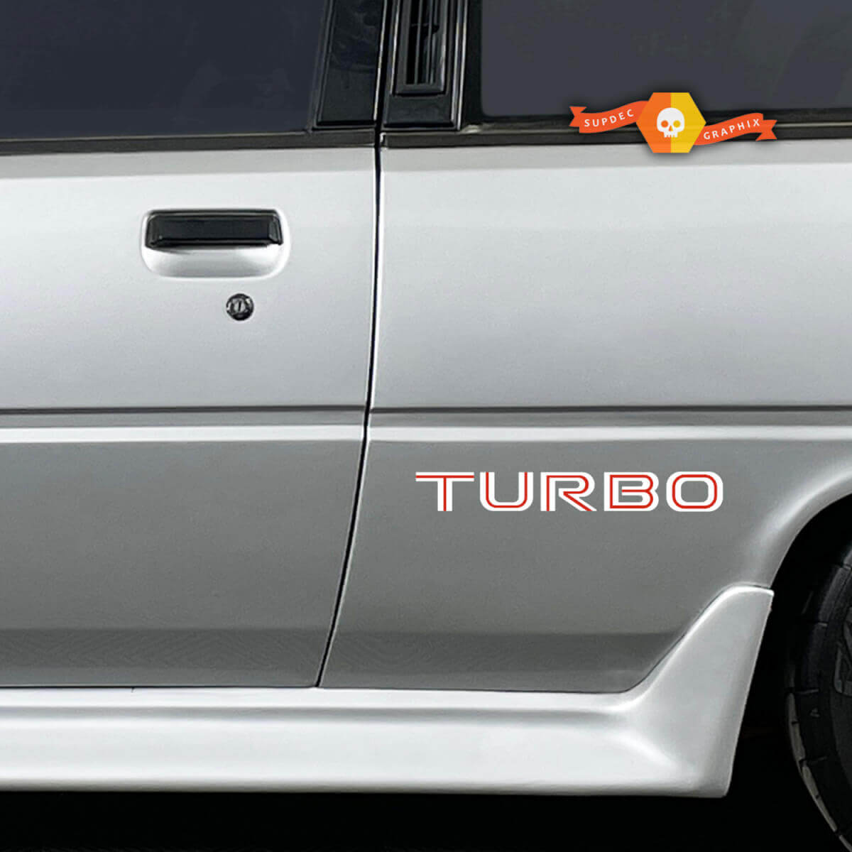 Par de calcomanías de vinilo para el lateral del Mitsubishi Cordia Turbo, gráficos en 2 colores
