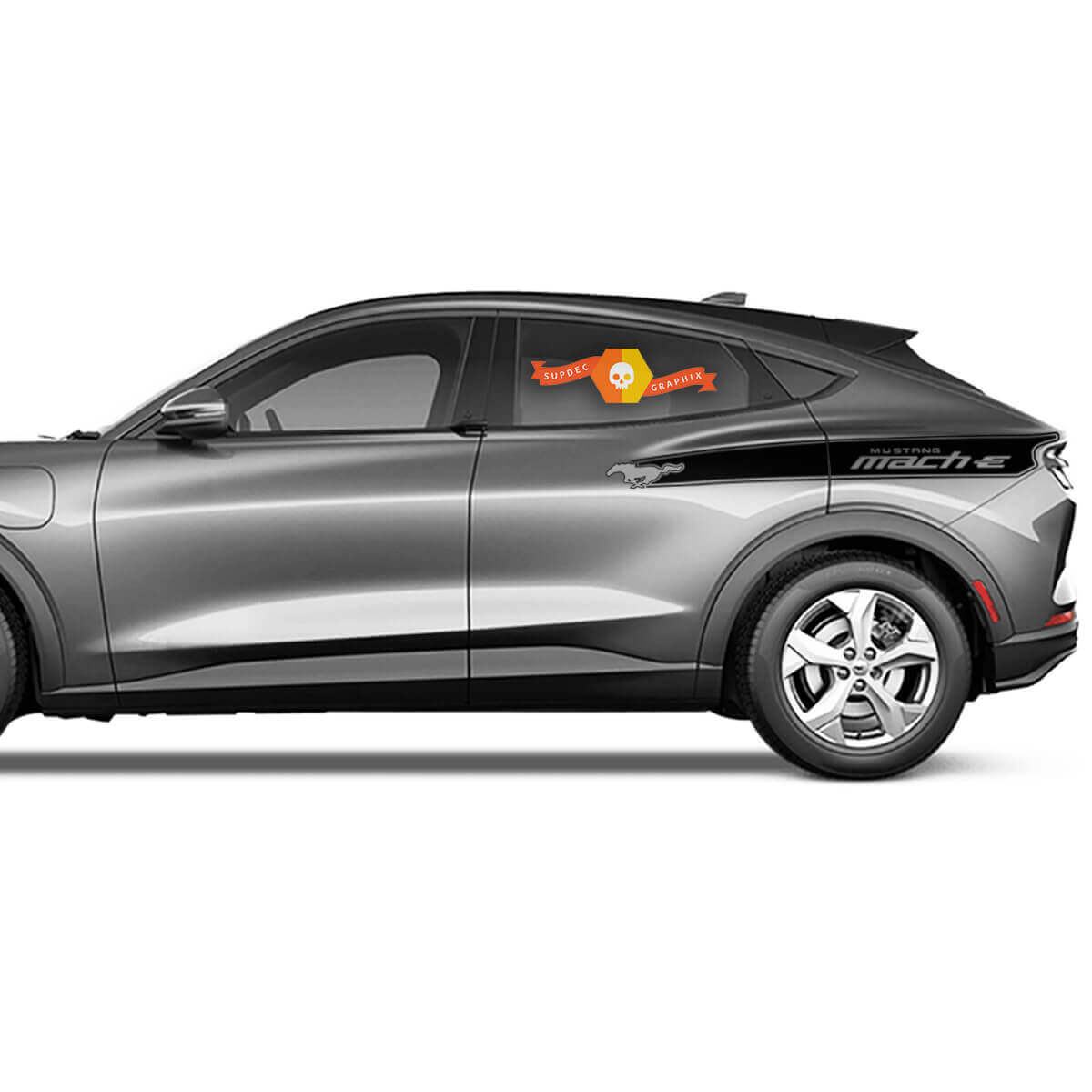 Calcomanía de vinilo para coche con rayas laterales del logo Ford Mustang MACH-E Shelby racing stripes.
