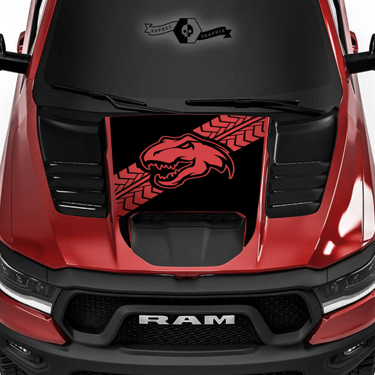 Dodge Ram Rebel 2022+ 2023+ 1500 TRX Hood Dinosaurs Tire Track T-Rex TRX Truck Vinilo adhesivo gráfico
