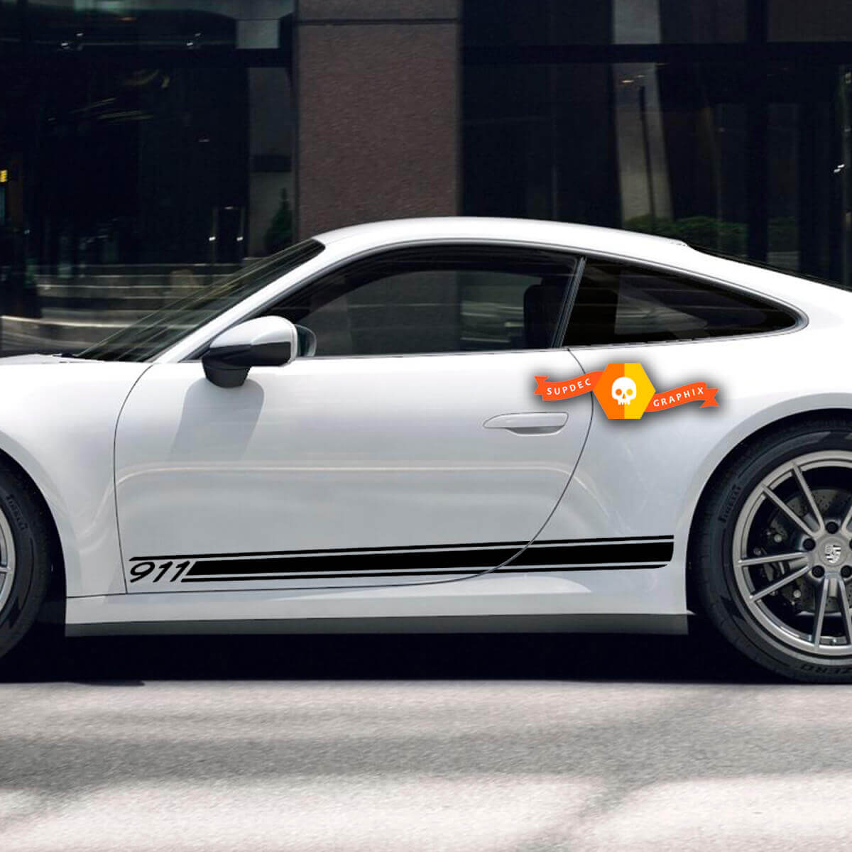 Kit de calcomanías laterales para Porsche 911, incluye calcomanías para paneles de roca y puertas.
