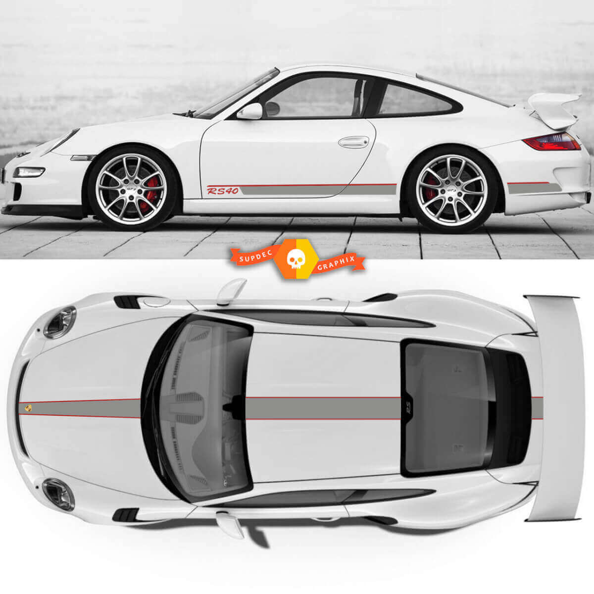 Kit de calcomanías de vinilo con franjas de carreras para los laterales, capó, techo y maletero para Porsche 911