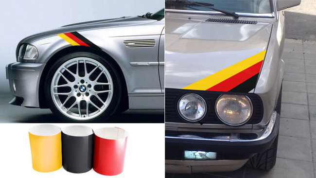 Pegatinas de vinilo con rayas estilo bandera alemana para capó y guardabarros delantero para BMW M3