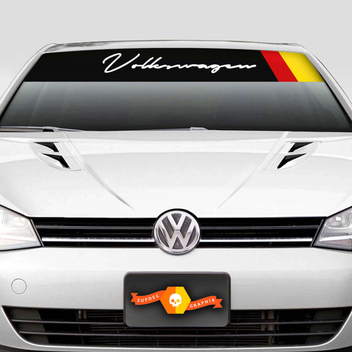 Calcomanía de tira solar para parabrisas con banderín alemán Volkswagen Script para VW Golf