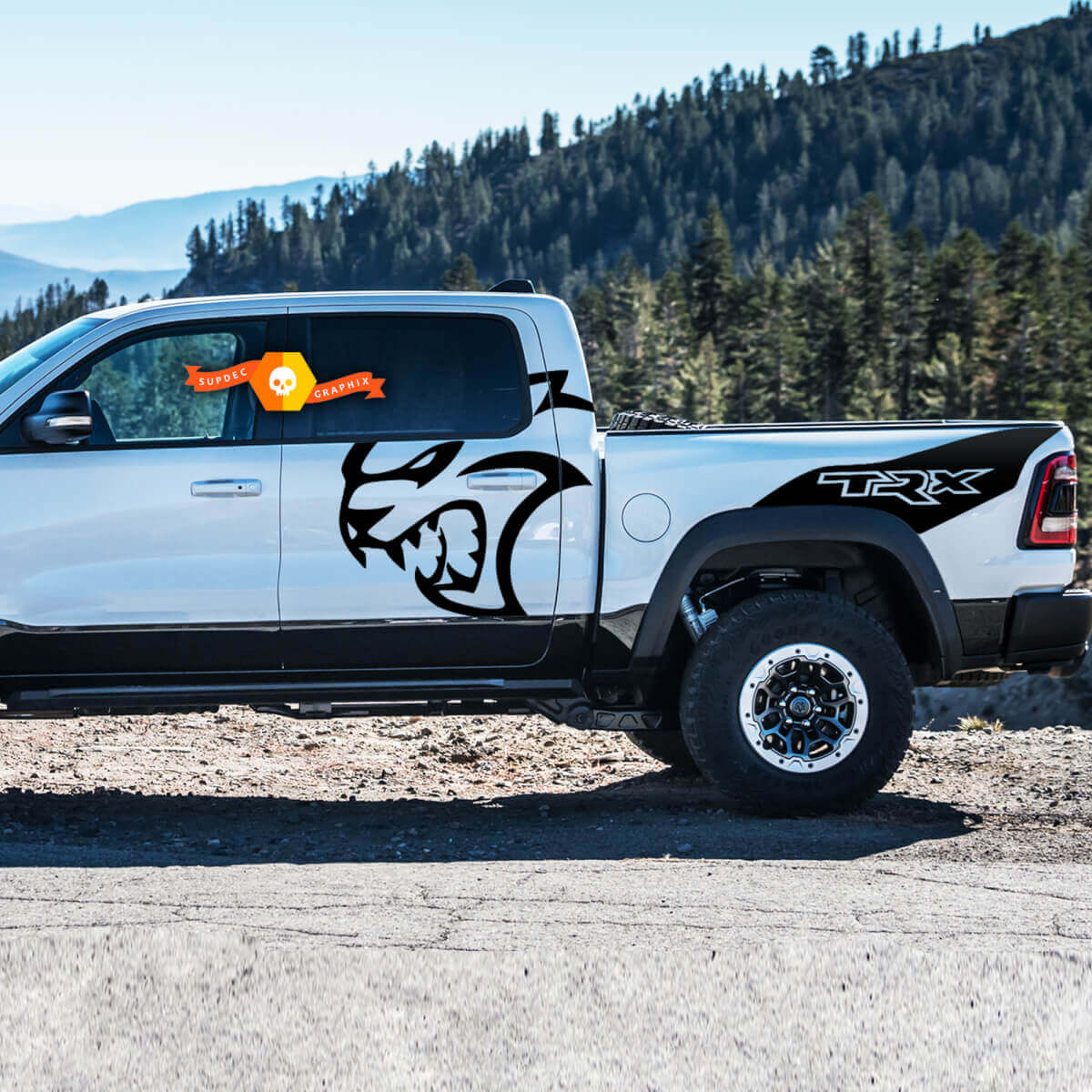 Par Dodge Ram TRX Hellcat 2021+ Splash Ram Head Doors Bed Logo Truck Vinilo Pegatina Calcomanía gráfico de cama
