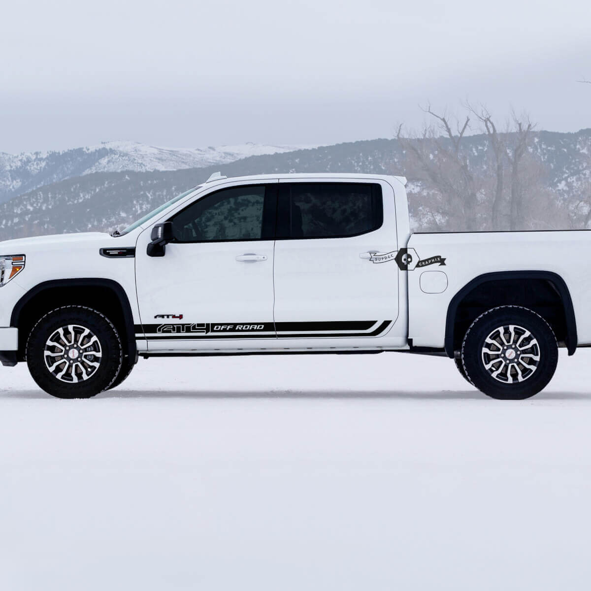 Par de tiras para paneles de estribos en puertas GMC GM Sierra 1500 AT4 Off-Road lado de la caja Decalques Pegatinas 2