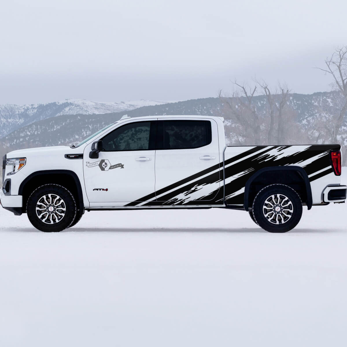 2 Nuevas calcomanías de vinilo para puertas de cama de GMC GM Sierra 1500 AT4 con diseño de salpicaduras de barro para un aspecto todoterreno.
