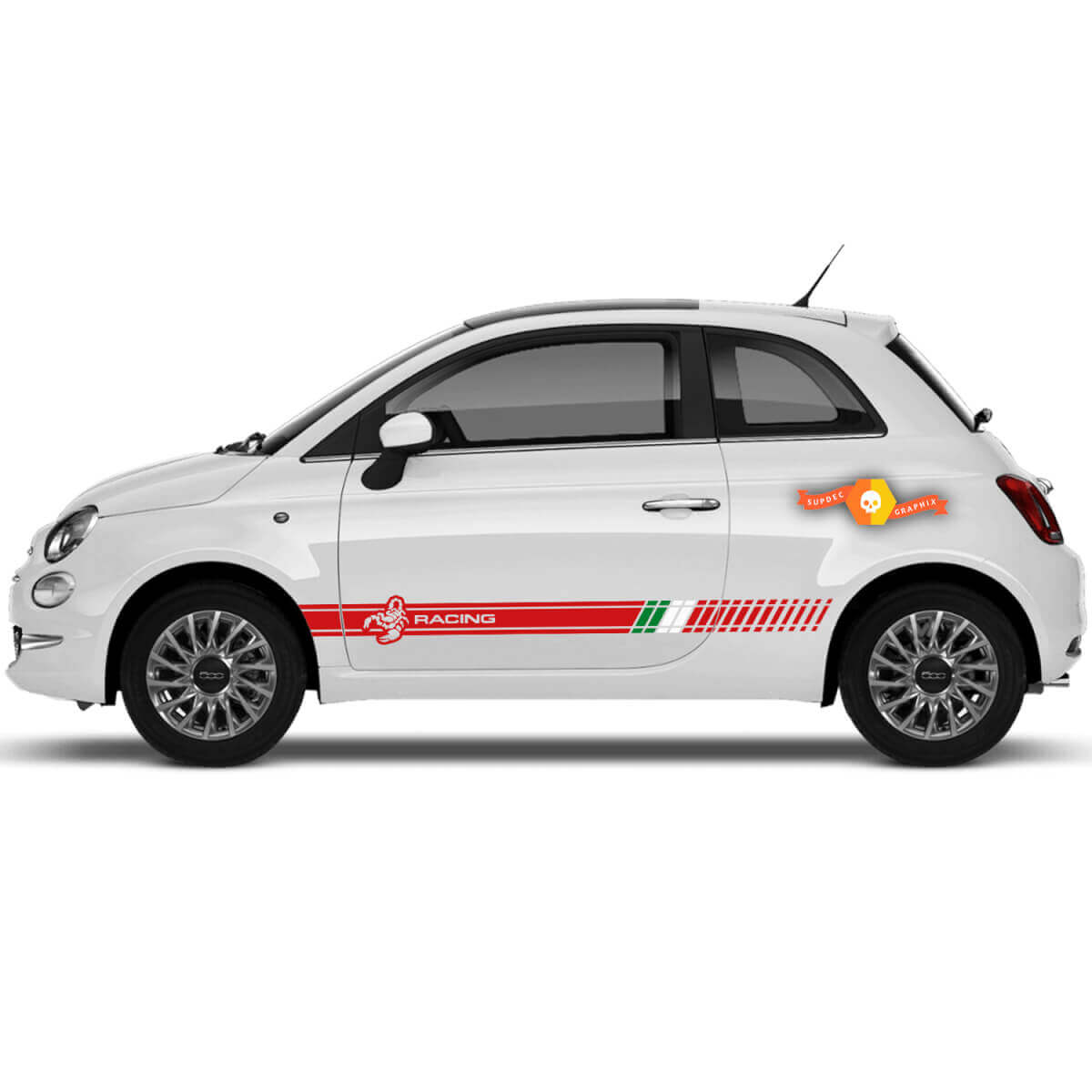 Par de calcomanías de rayas laterales para puertas deportivas de Fiat 500 Abarth Racing.
