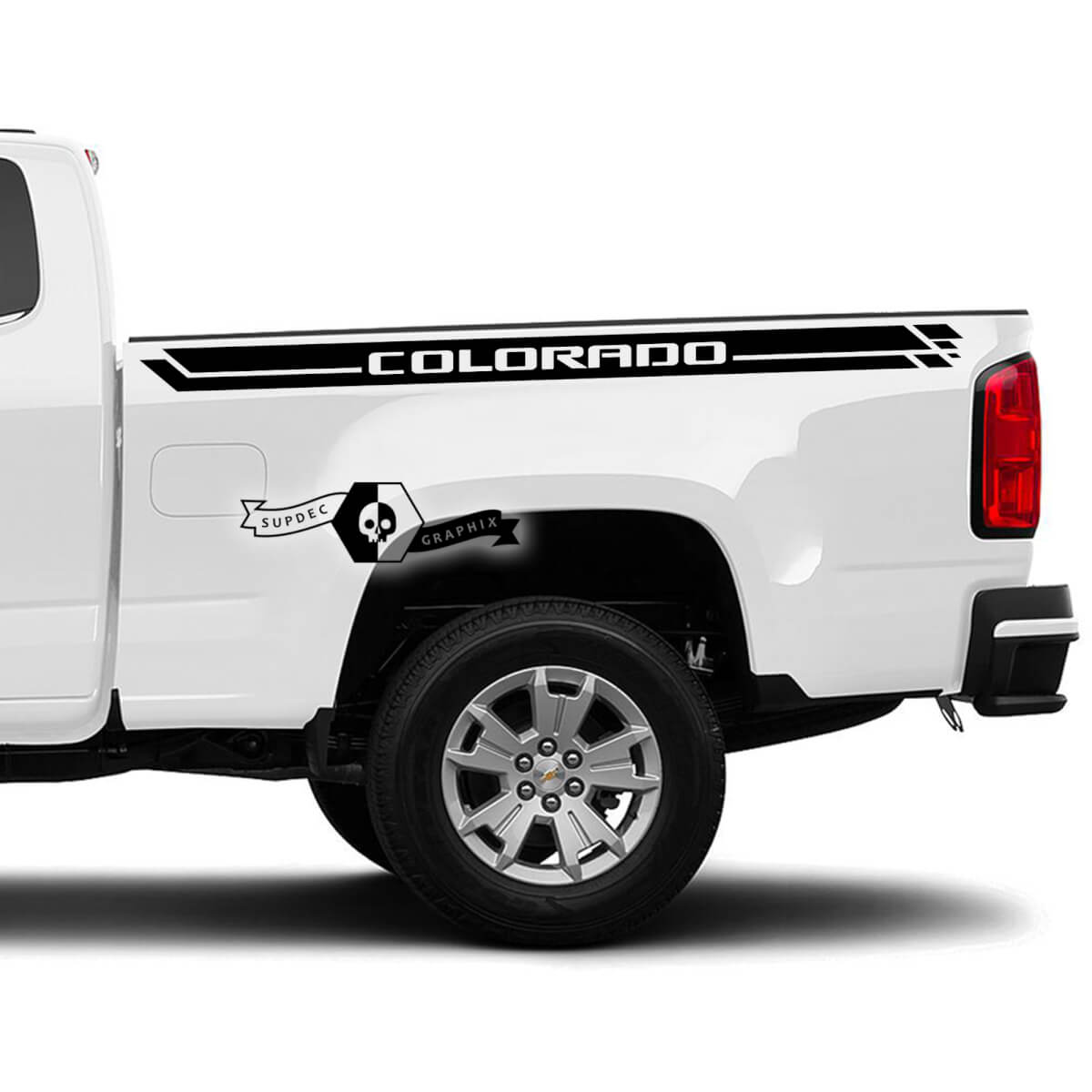Par de pegatinas de vinilo a rayas para cama lateral, gráfico 2022+ 2023+ Chevy Colorado Extendido
