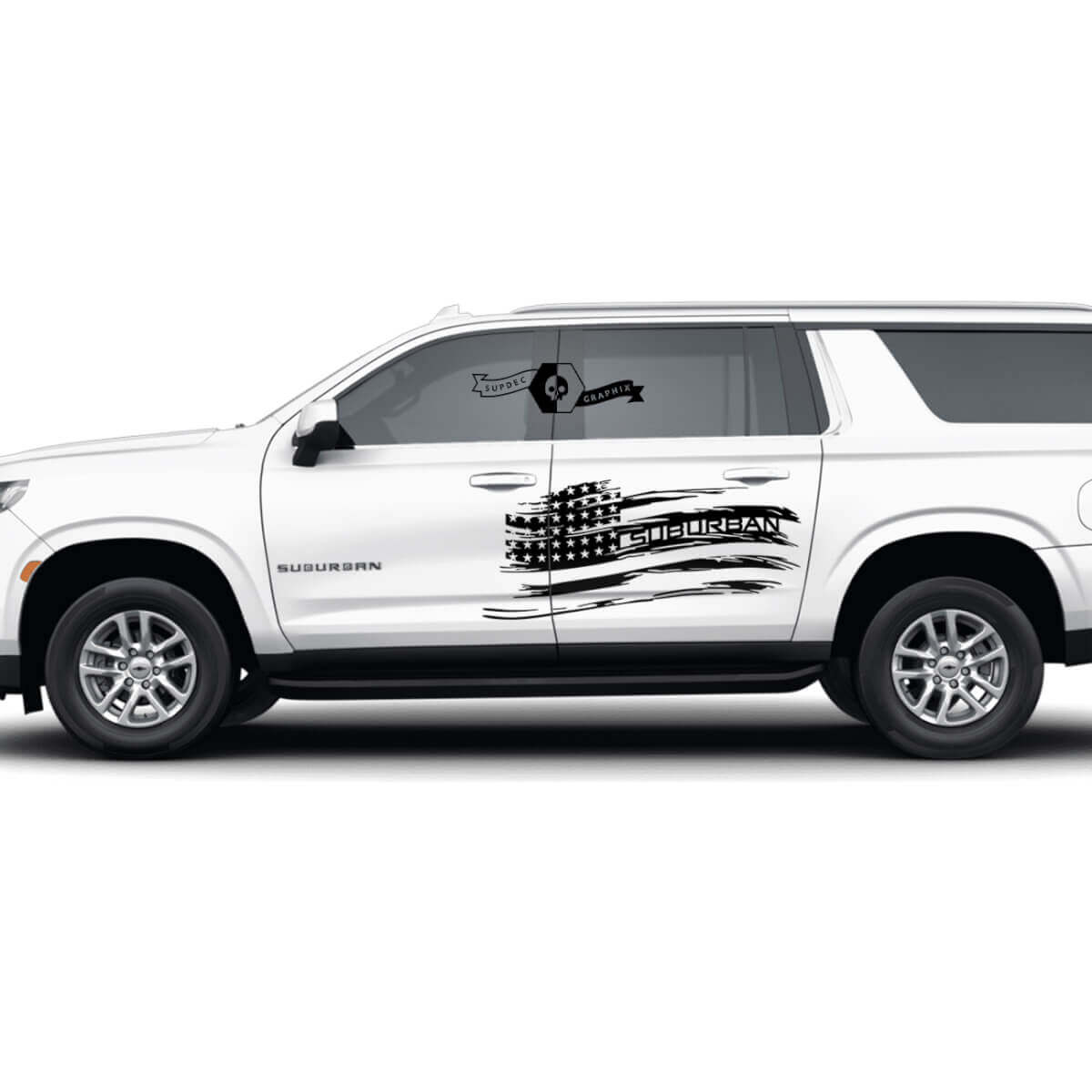 Par de pegatinas de vinilo para puertas con bandera de EE. UU. destruidas en el lado de Chevrolet Suburban

