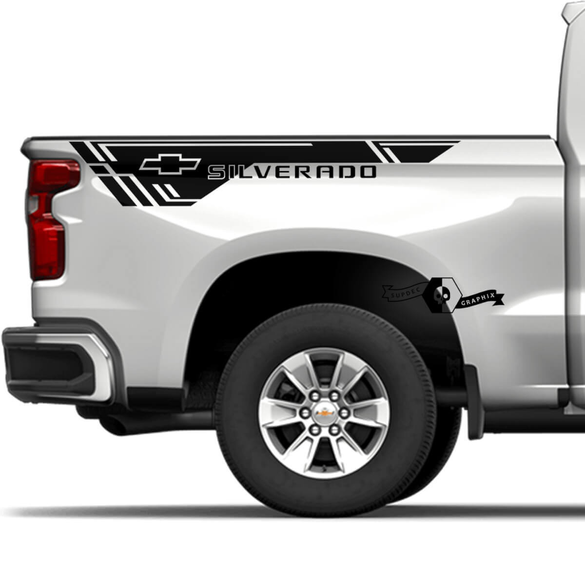 Par de calcomanías de vinilo para panel lateral de cama con el nuevo logotipo de Chevrolet Silverado 2023.
