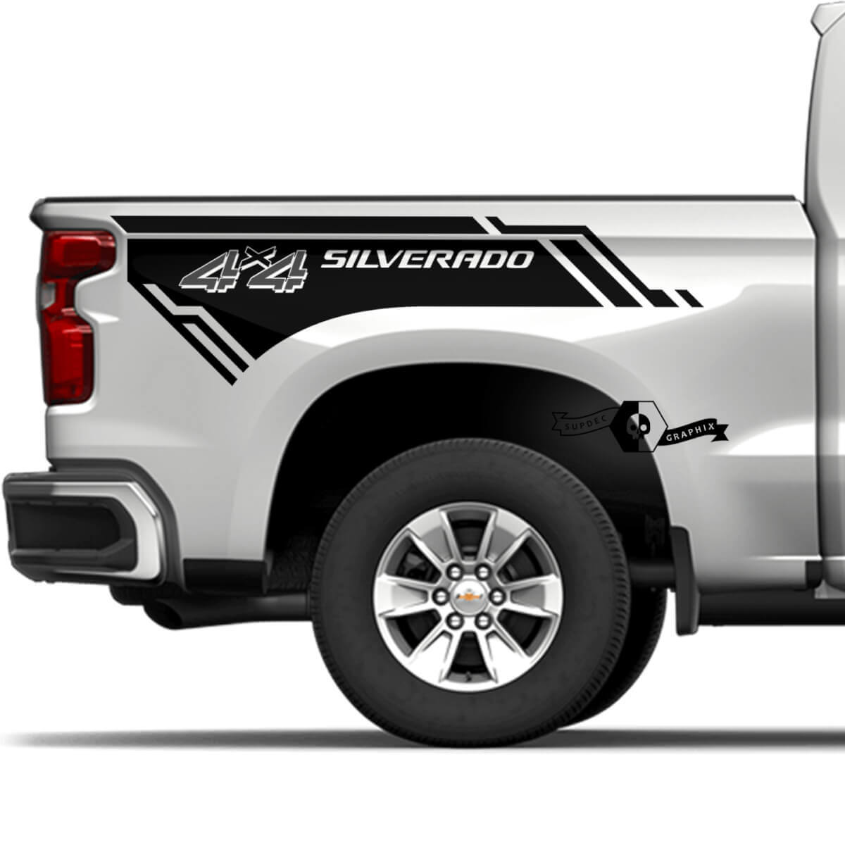 Par de calcomanías de vinilo de 2 colores para el logotipo lateral 4x4 de la caja nueva de la Chevrolet Silverado 2023.

