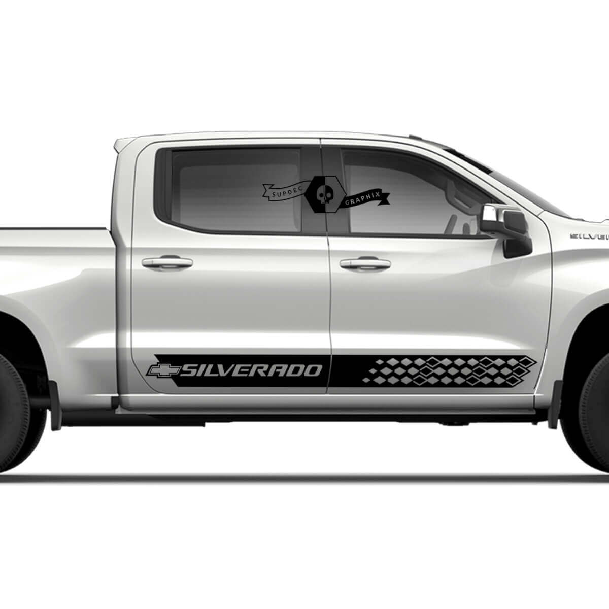 Par de Calcomanías de Vinilo para Panel Lateral de Chevrolet Silverado con Rayas y Logotipo.
