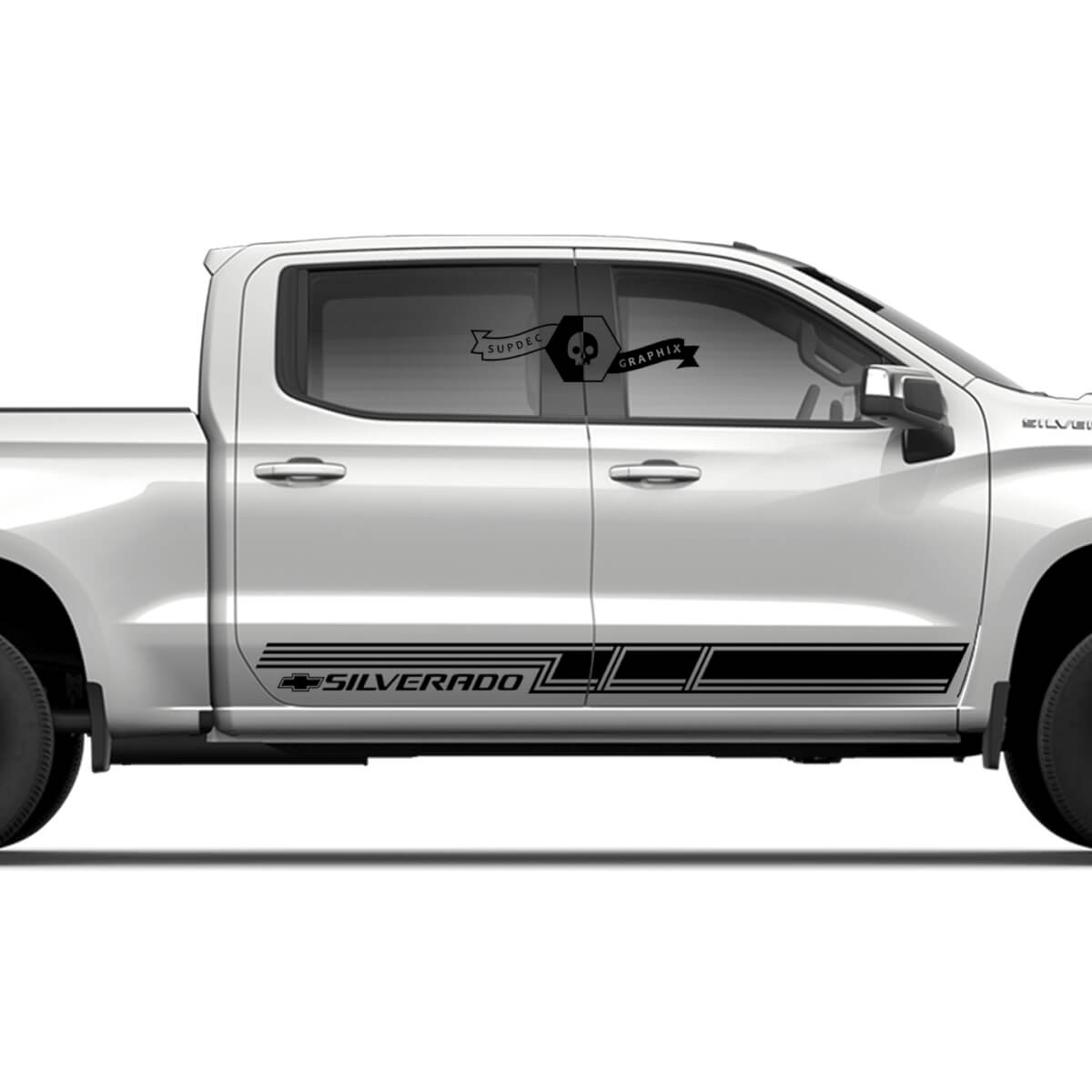 Par Chevrolet Silverado Panel basculante lateral Logo Puertas nuevas Línea de rayas Etiqueta de vinilo
