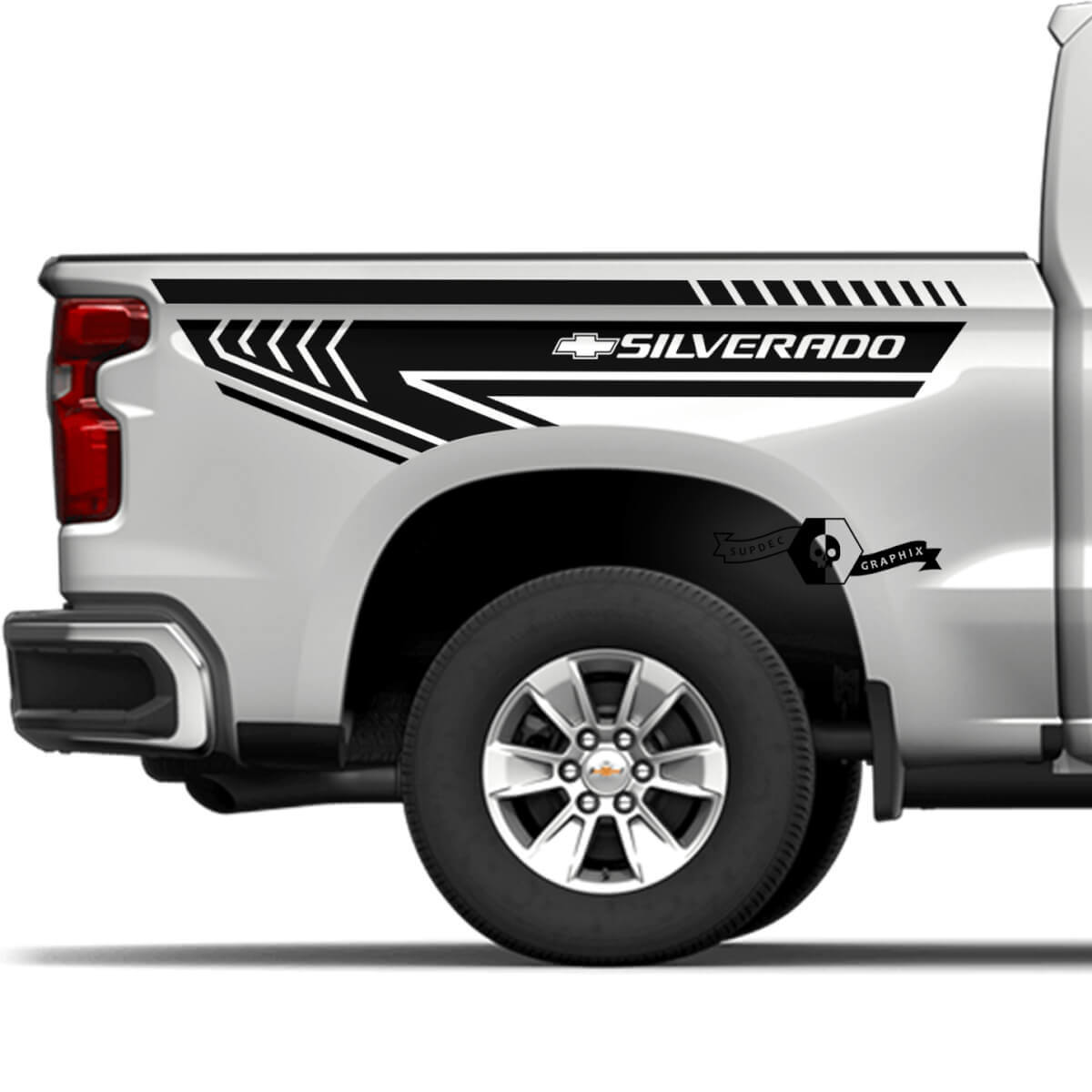 Par de calcomanías de vinilo para franja de logotipo lateral de la cama para Chevrolet Silverado 2022+ 2023
