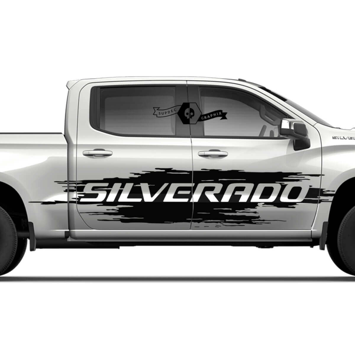 Par de calcomanías de vinilo para salpicaduras en las puertas laterales del Chevrolet Silverado 2022+ 2023 con franja de logotipo destruido.
