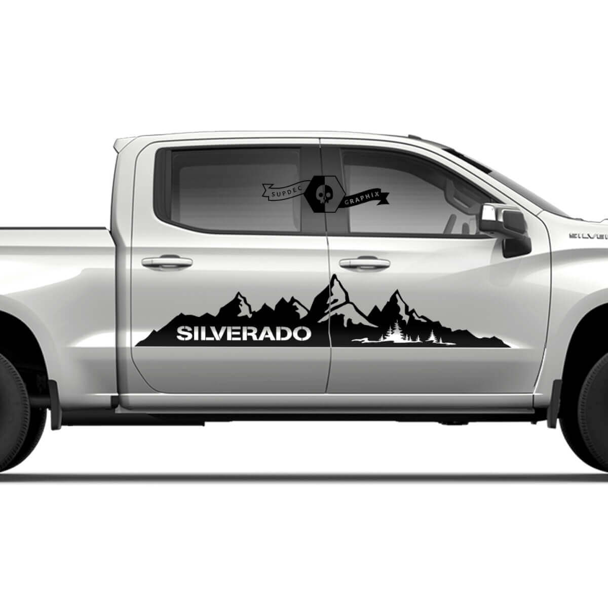 Par de calcomanías de vinilo con logotipo de montañas para salpicaduras de puertas laterales Chevrolet Silverado 2022+ 2023.
