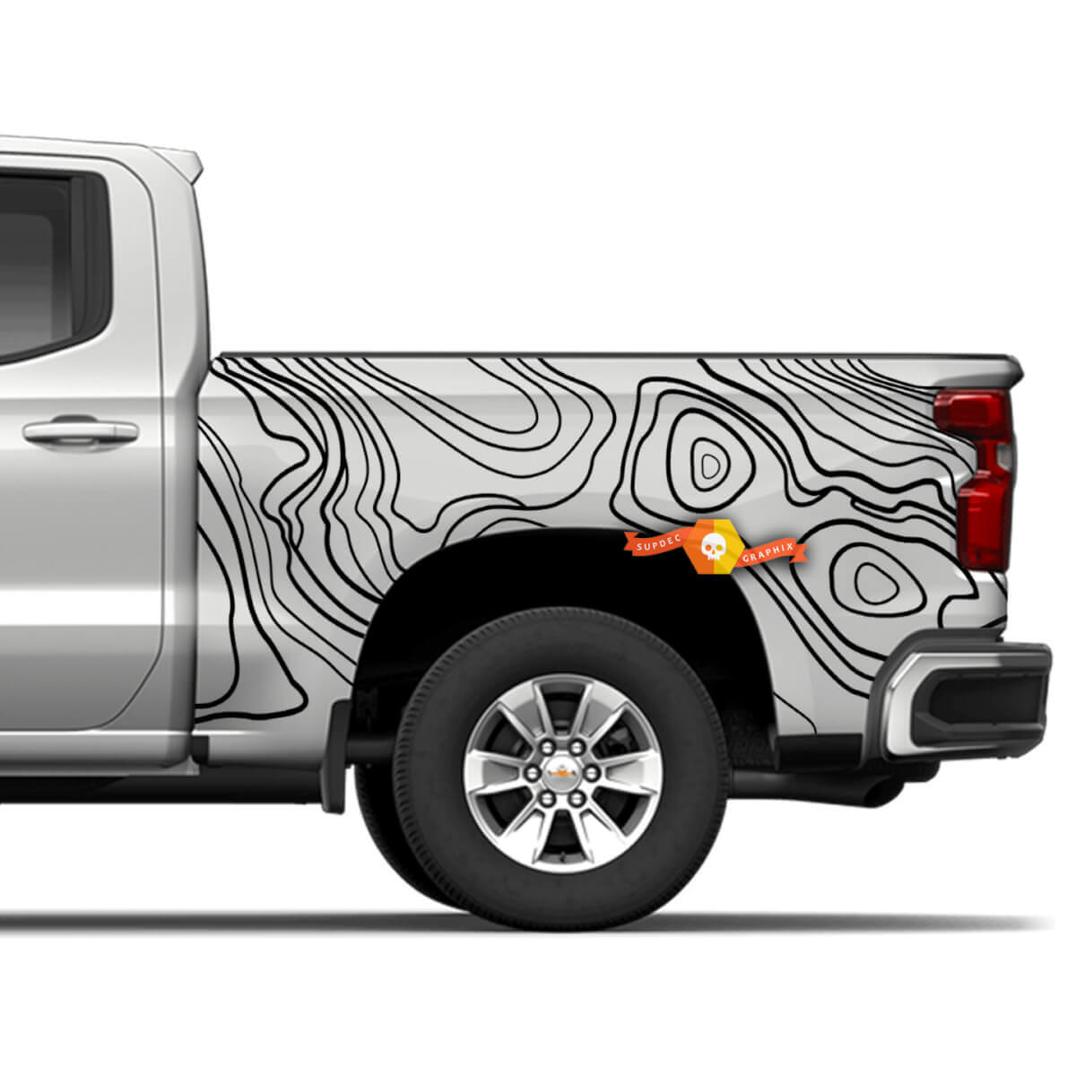 Calcomanías de vinilo recortadas con gráficos de mapas topográficos de fondo para camioneta lateral Chevrolet Silverado.
