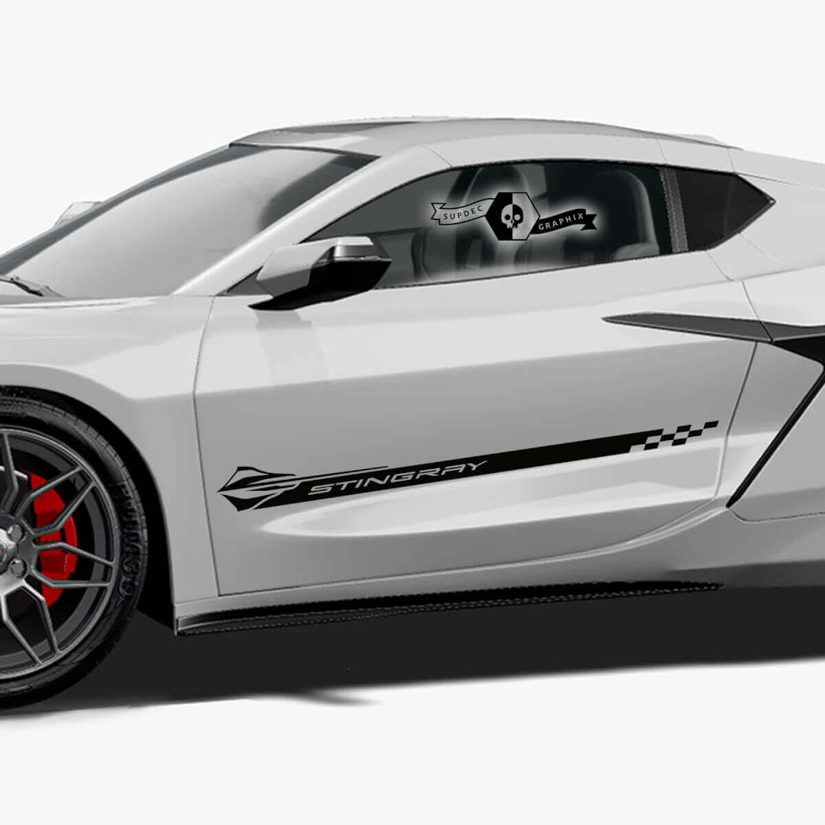 2x Calcomanía de vinilo de bandera de tablero de ajedrez de rayas de puertas laterales de Chevrolet Corvette Z06
