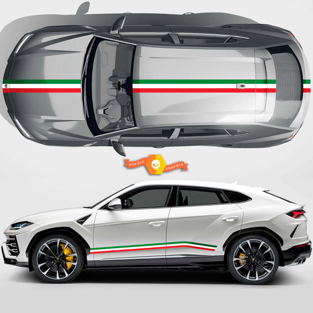 Par de calcomanías de vinilo con la bandera italiana para las puertas laterales, capó y líneas del techo del Lamborghini Urus 2021 2022 2023.
