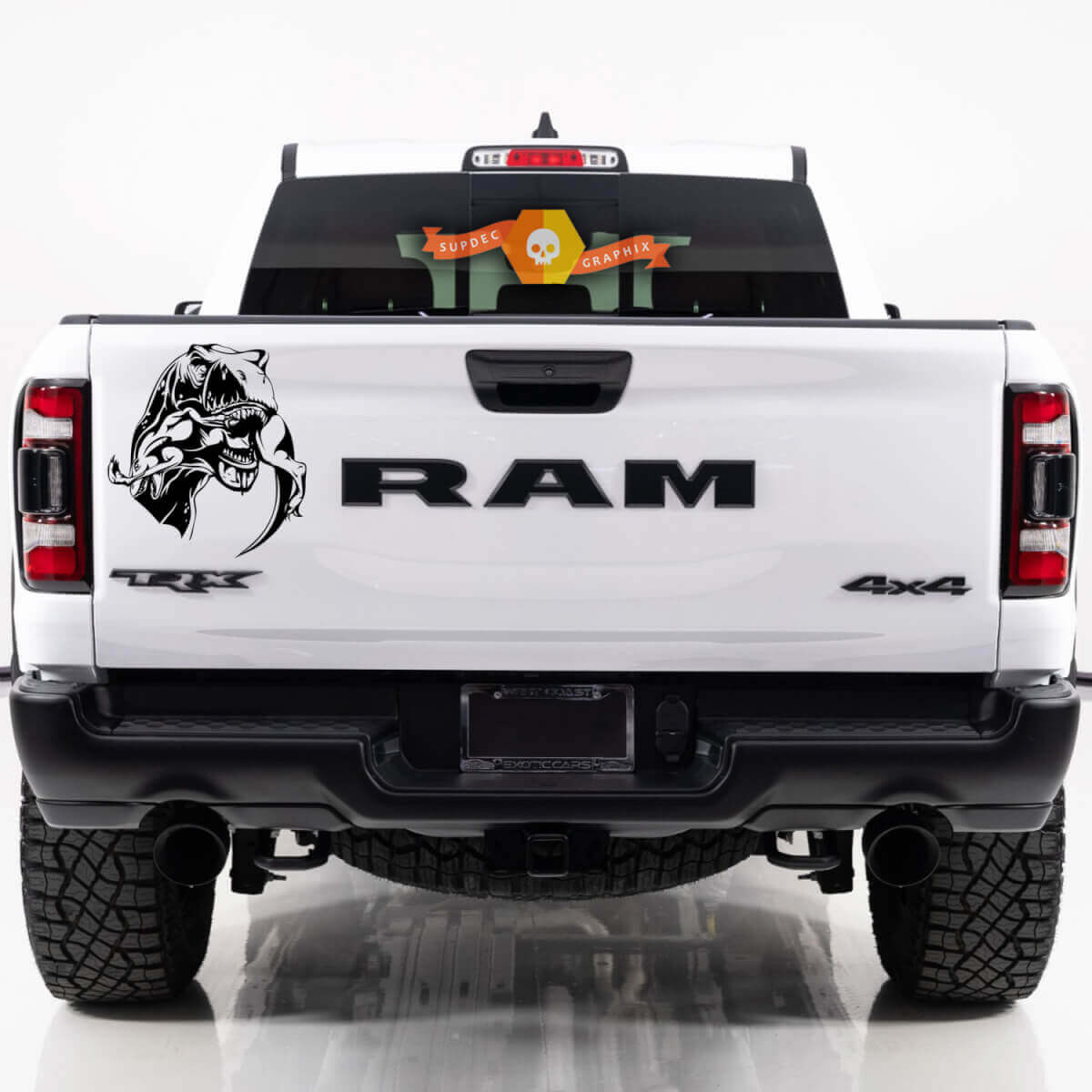 Vinilo adhesivo para portón con diseño de T-Rex comiendo una cola de raptor para Dodge Ram TRX 2023