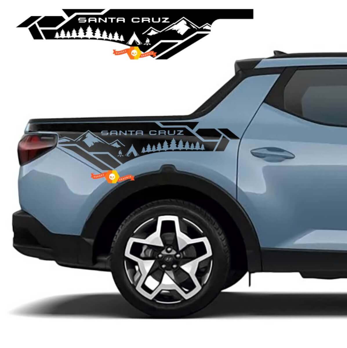 2x Pegatinas de vinilo laterales para la cama de la edición Camper de Montañas Árboles que se ajustan a Hyundai Santa Cruz
