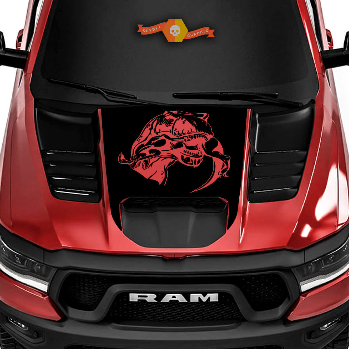 Vinilo adhesivo para capó Raptor comiendo T-Rex para Ram 1500 TRX