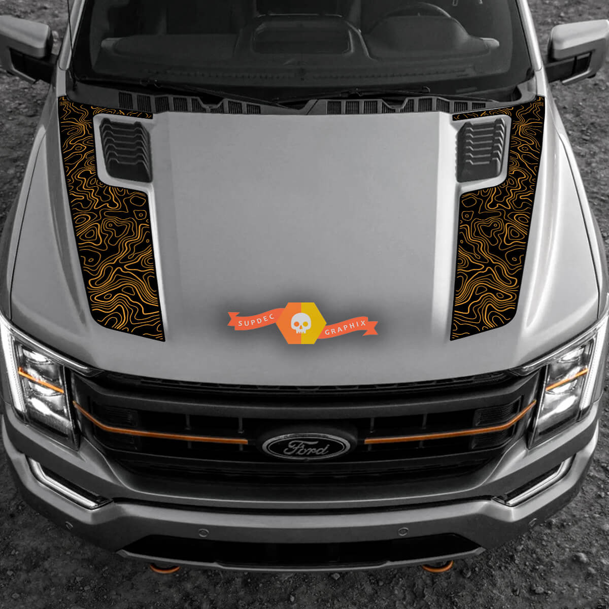 2023 Ford F-150 Tremor Hood Graphics 2022-2023+ Mapa topográfico Ford Pegatinas de vinilo Calcomanías 2 colores
