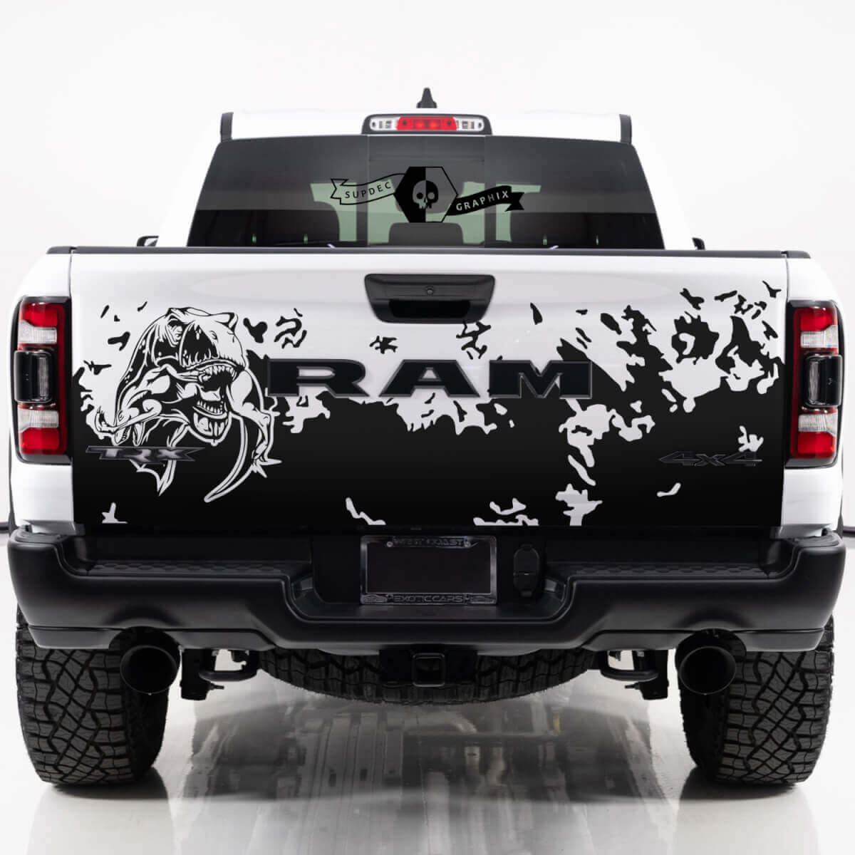 Adhesivo de Vinilo para Portón Trasero T-Rex Comiendo Barro para Dodge Ram TRX