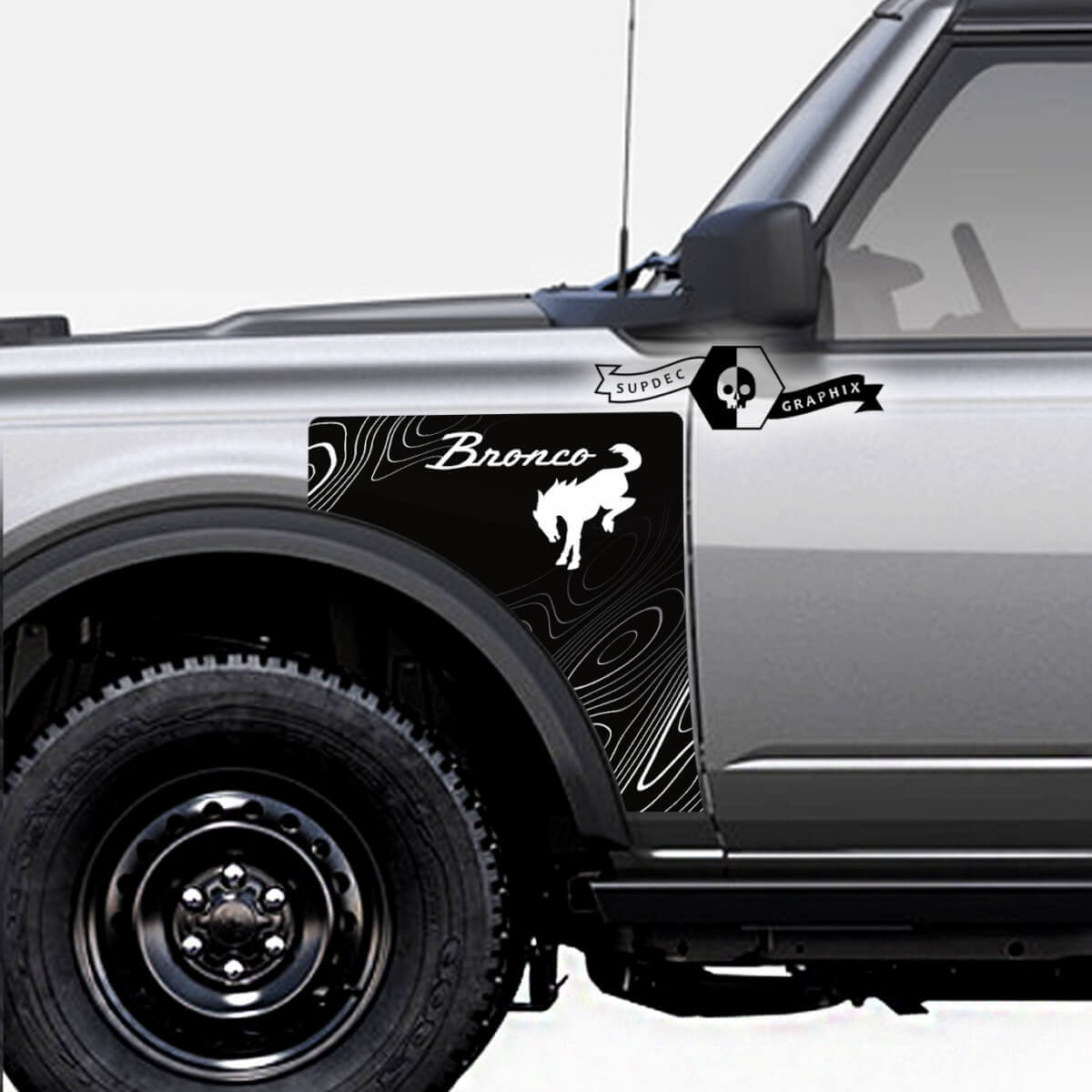 Par Ford Bronco Logo Mapa topográfico Estilo Everglades Panel lateral Vinilo Calcomanía Pegatina Gráficos Kit

