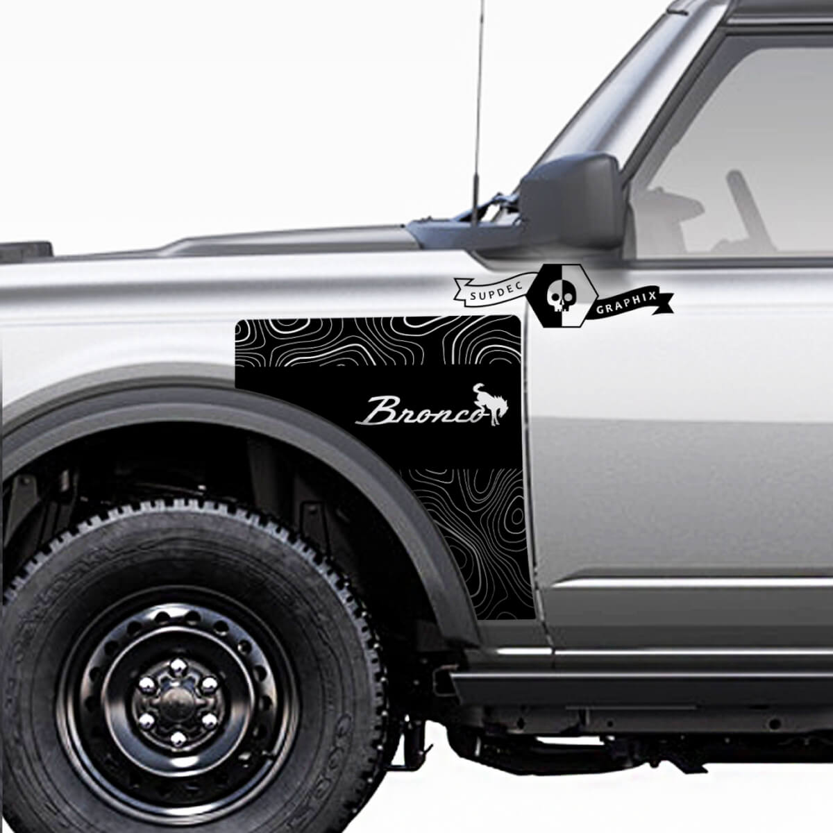 Par Ford Bronco Vintage Logo Topográfico Mapa Everglades Estilo Panel lateral Vinilo Calcomanía Pegatina Gráficos Kit 2
