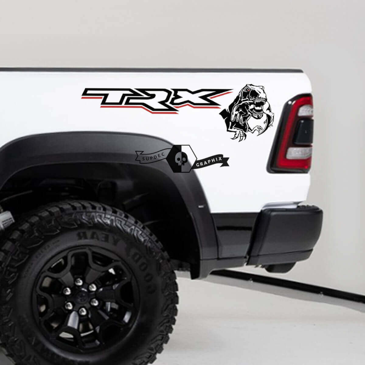 Kit de Vinilos para los Laterales de la Cama de Dodge Ram TRX 2020-23 con Diseño de Raptor Comiendo a un T-Rex