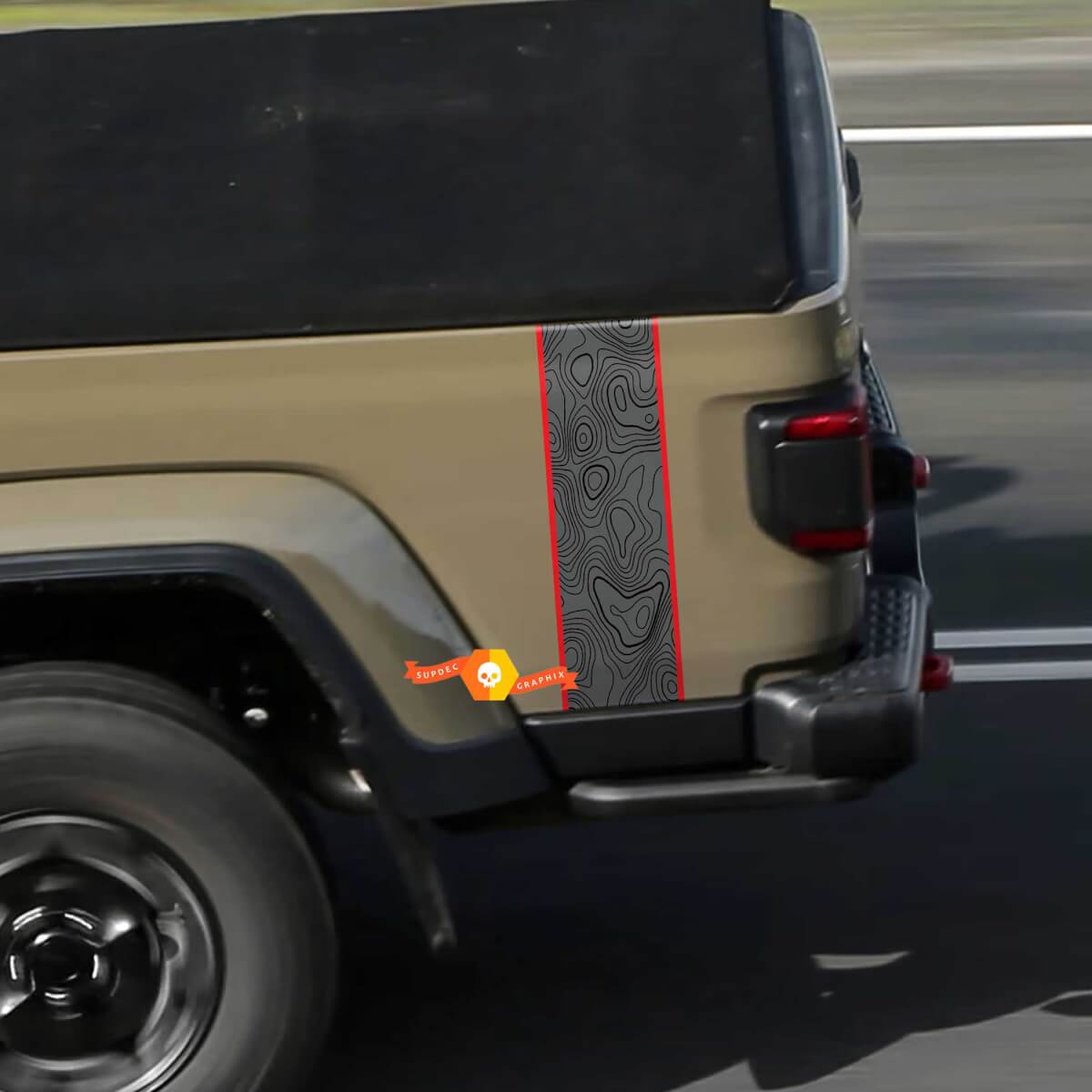 Jeep Gladiator Mapa topográfico Raya lateral trasera Gráficos de vinilo 3 colores
