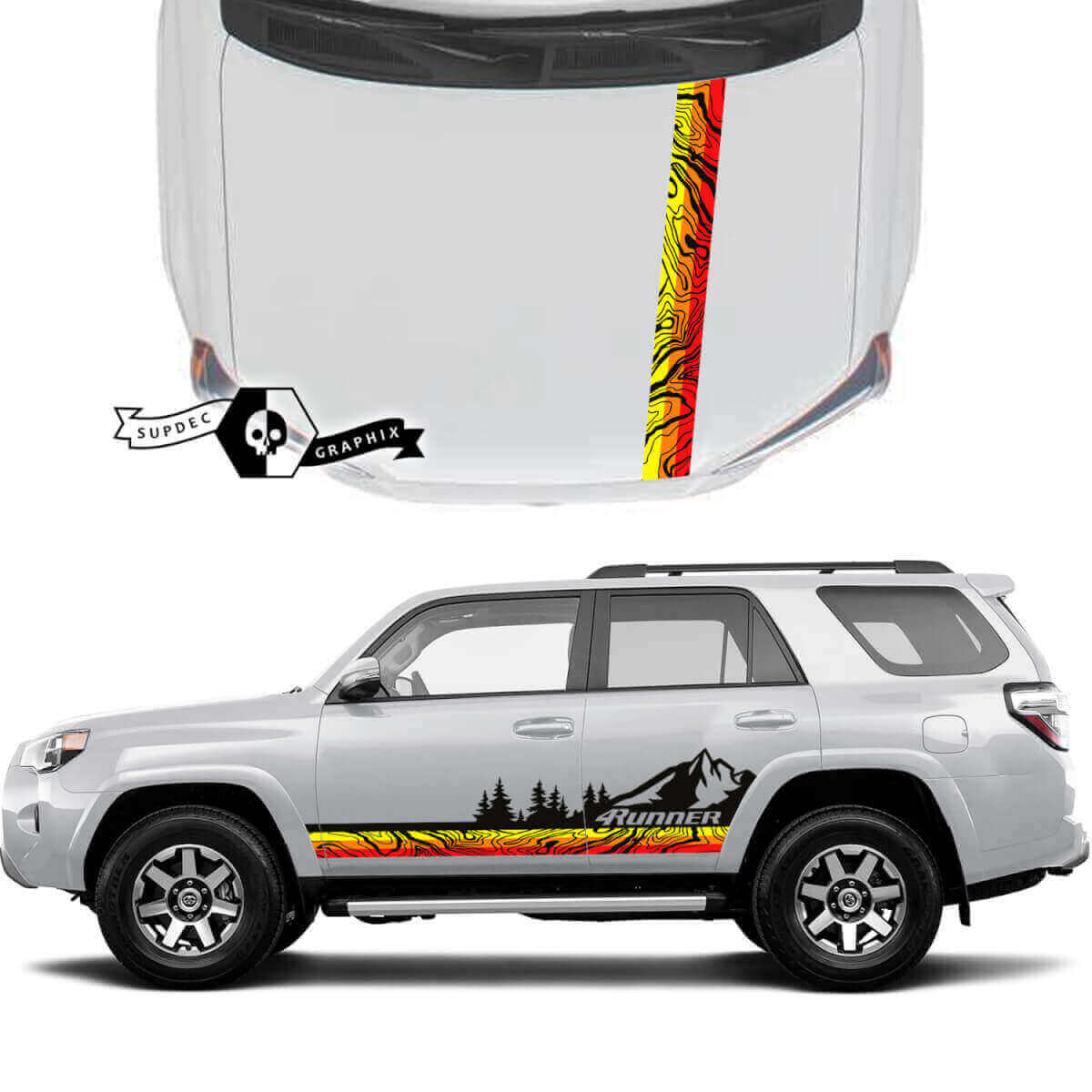 Calcomanías de Vinilo con Rayas Estilo Mapa Topográfico de Montañas para Puerta y Capó Toyota 4Runner 2023