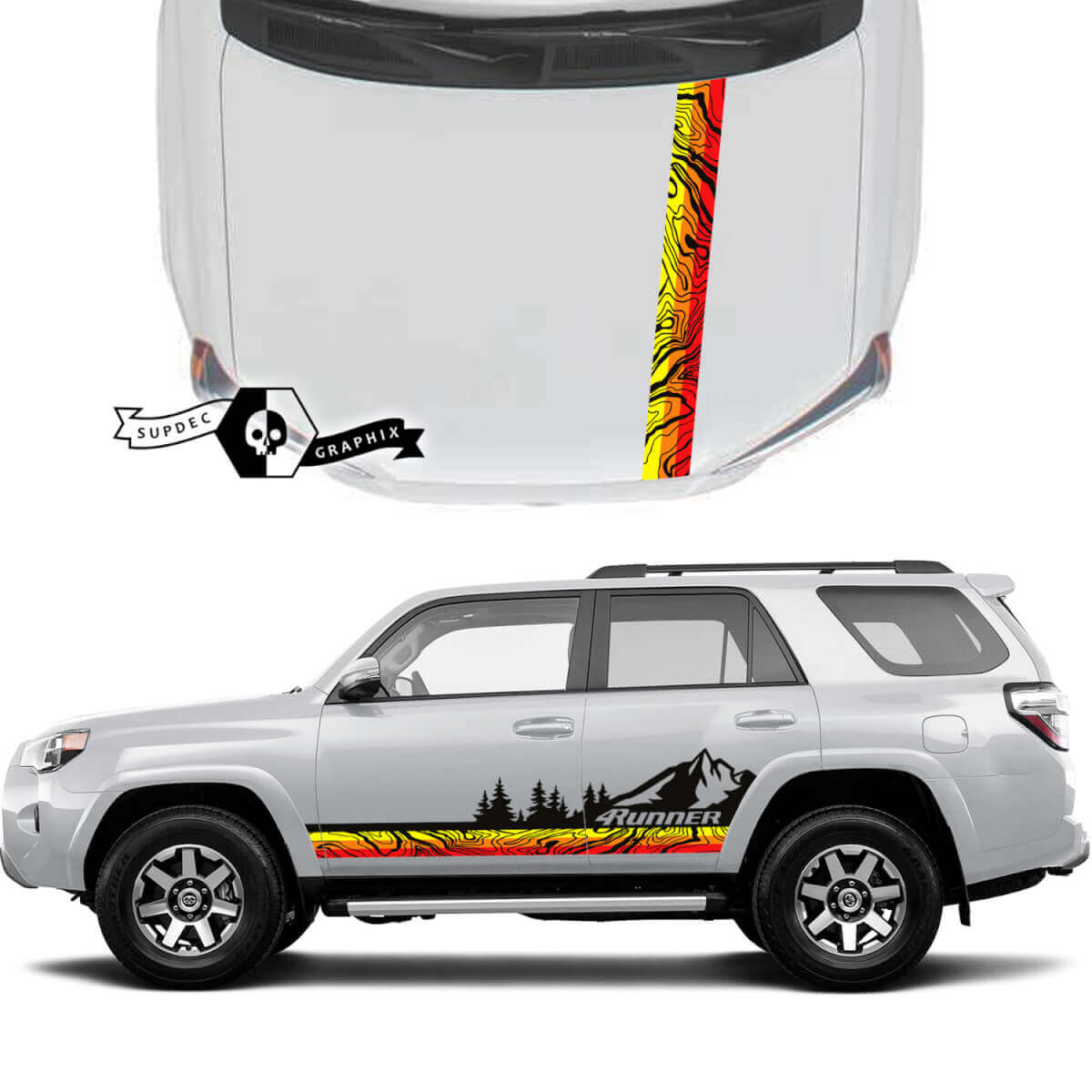 Calcomanías de franjas de vinilo Old School Sunset para la puerta lateral y capó del 4Runner 2023 con mapa topográfico de montañas y bosque para Toyota 4Runner TRD
