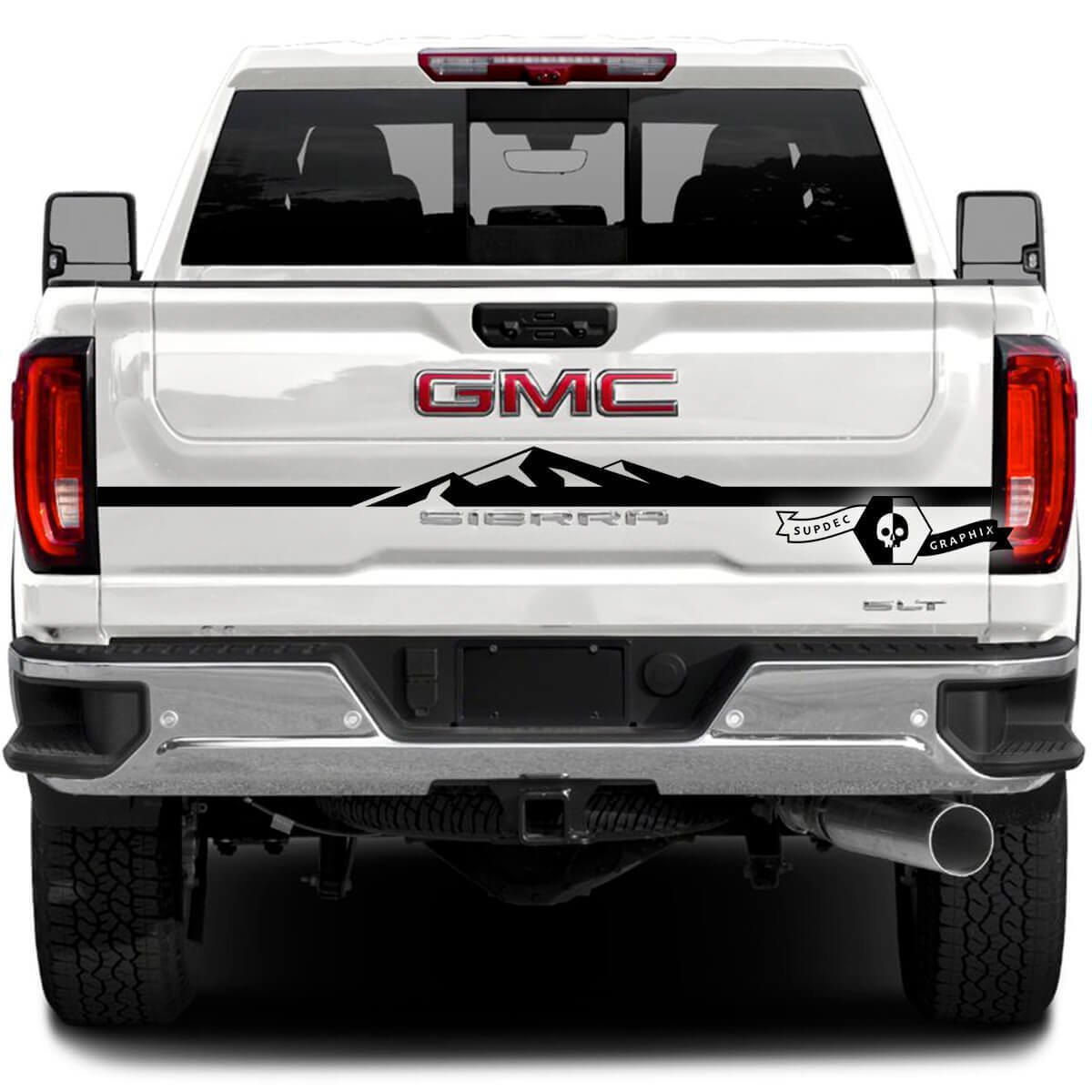 Vinilo adhesivo con diseño de franja estilo montaña para portón trasero GMC Sierra 2500HD 2022-23
